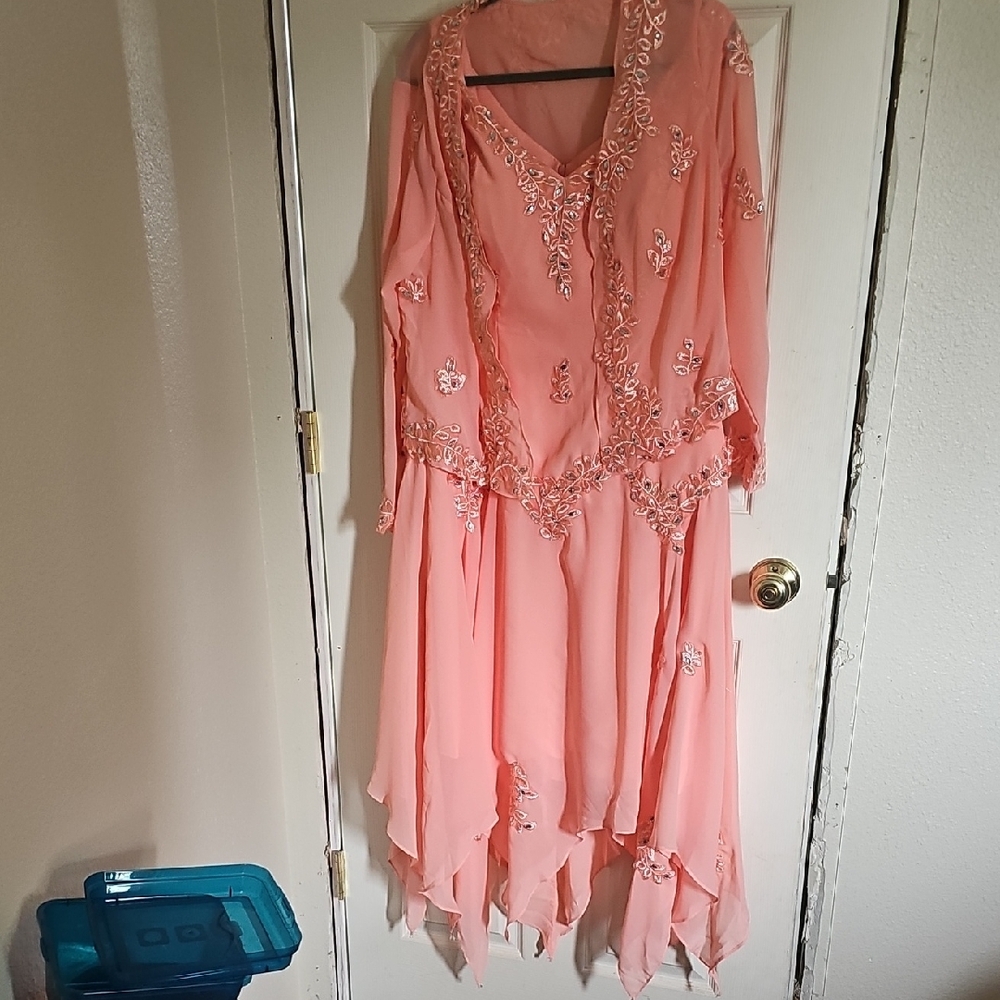 Pink Ruffled Wrap Midi Sleeveless Dress with Bolero Jacket Size 14